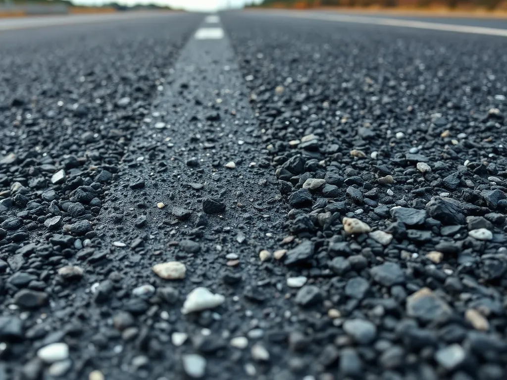 Close-up view of heat-resistant asphalt on a road, showcasing its durable texture and materials used for innovation.