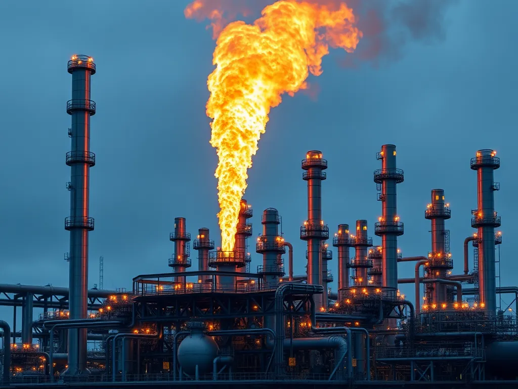 Flare stack at an oil refinery illustrating heavy oil distillation process.