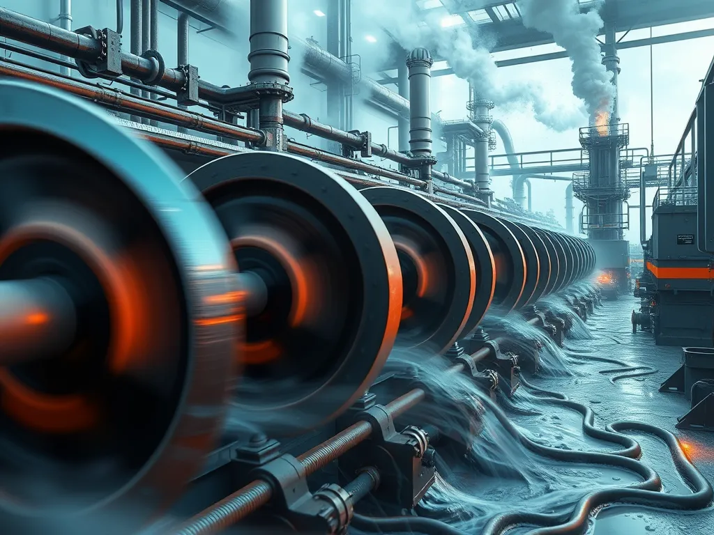 Industrial setup showcasing heavy oil distillation machinery with pipes and valves.
