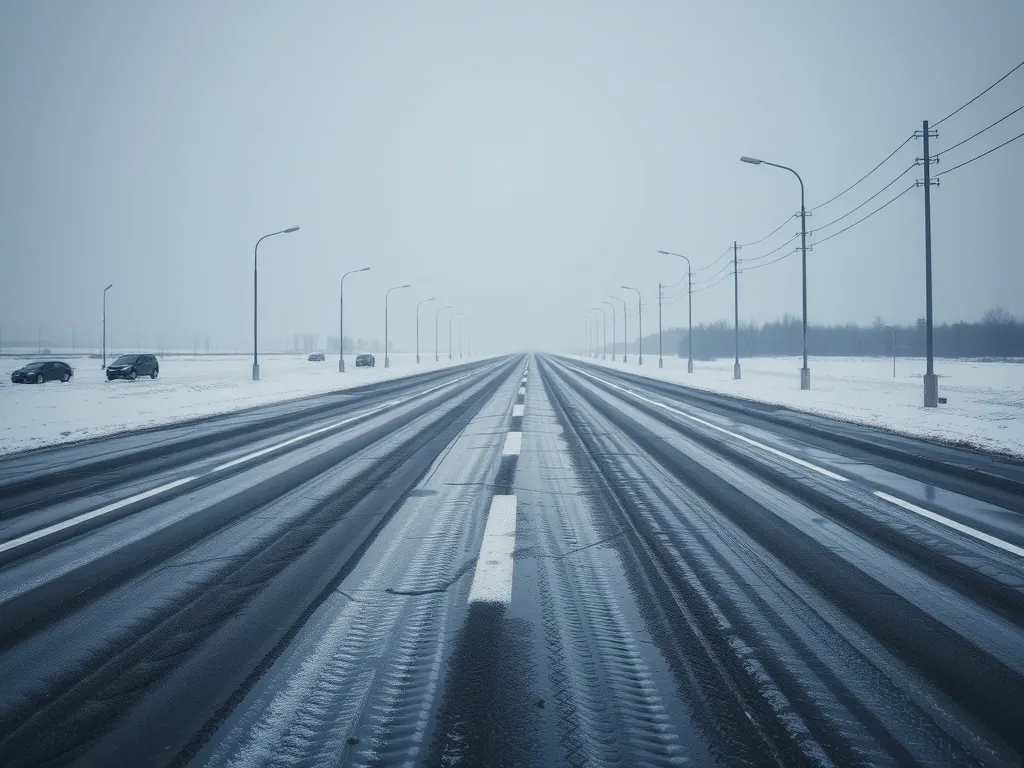 A snowy highway showcasing a high-performance asphalt blend designed for durability and safety.
