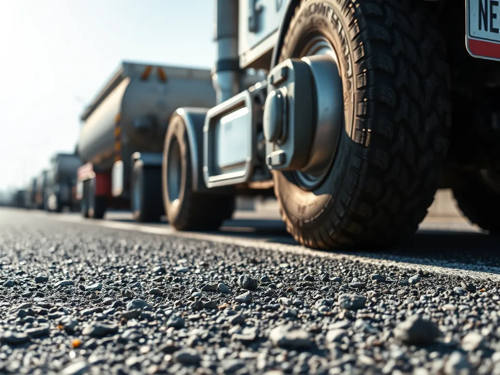 Close-up of truck tires on high-performance asphalt blends, showcasing durability and texture.
