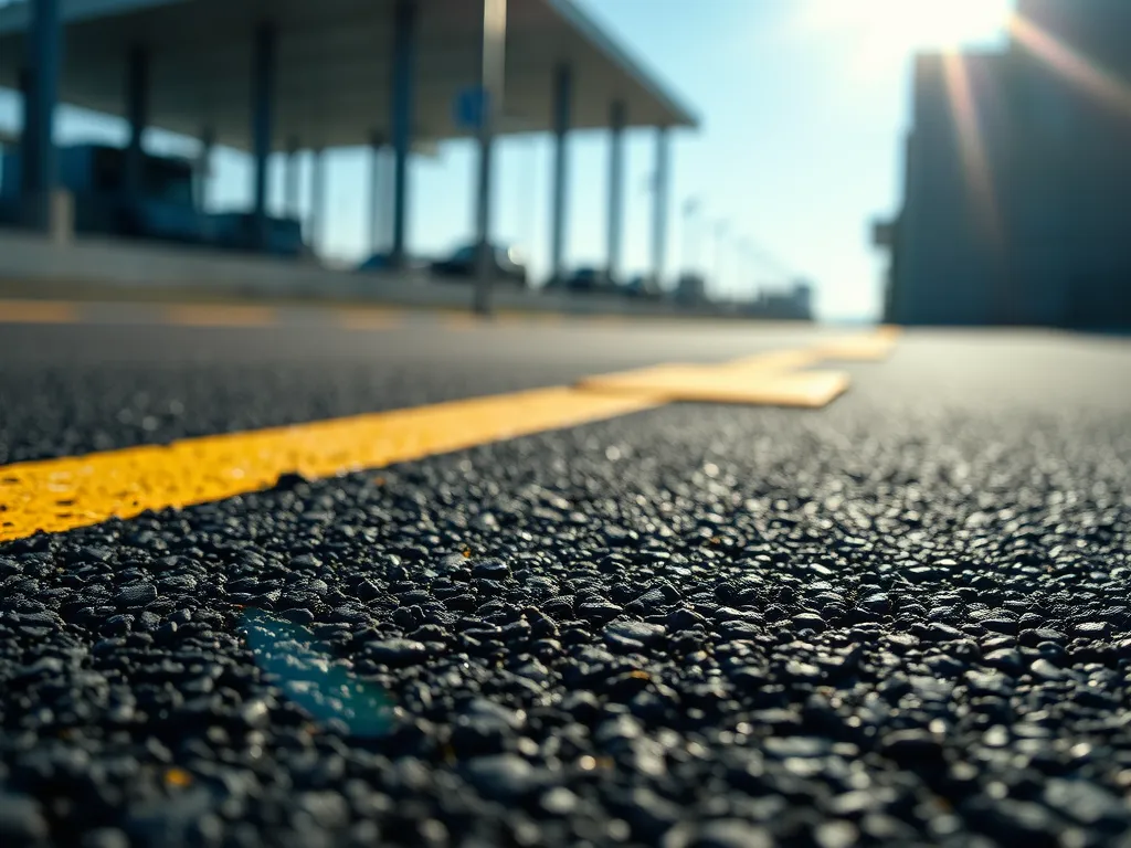 Close-up of high performance asphalt surface with visible texture and road markings.