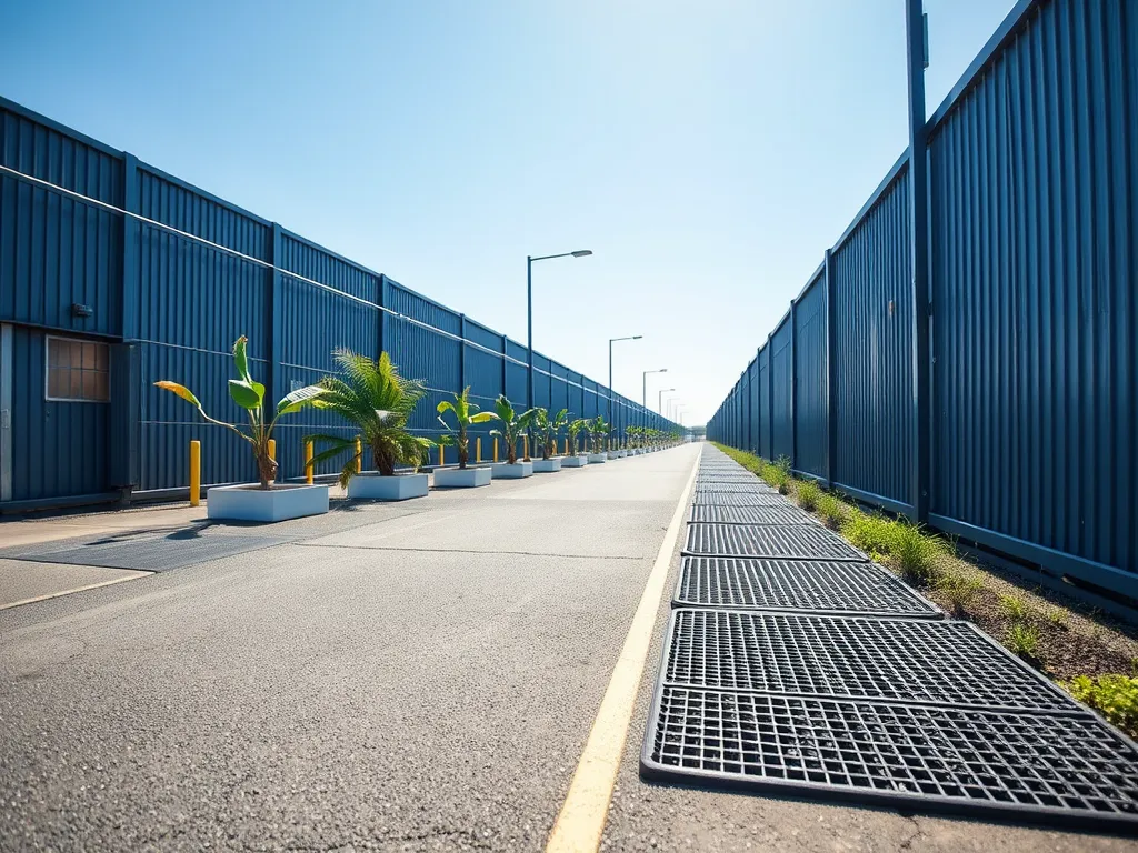 An asphalt path on a sunny day showing the heat effects in a storage facility area.