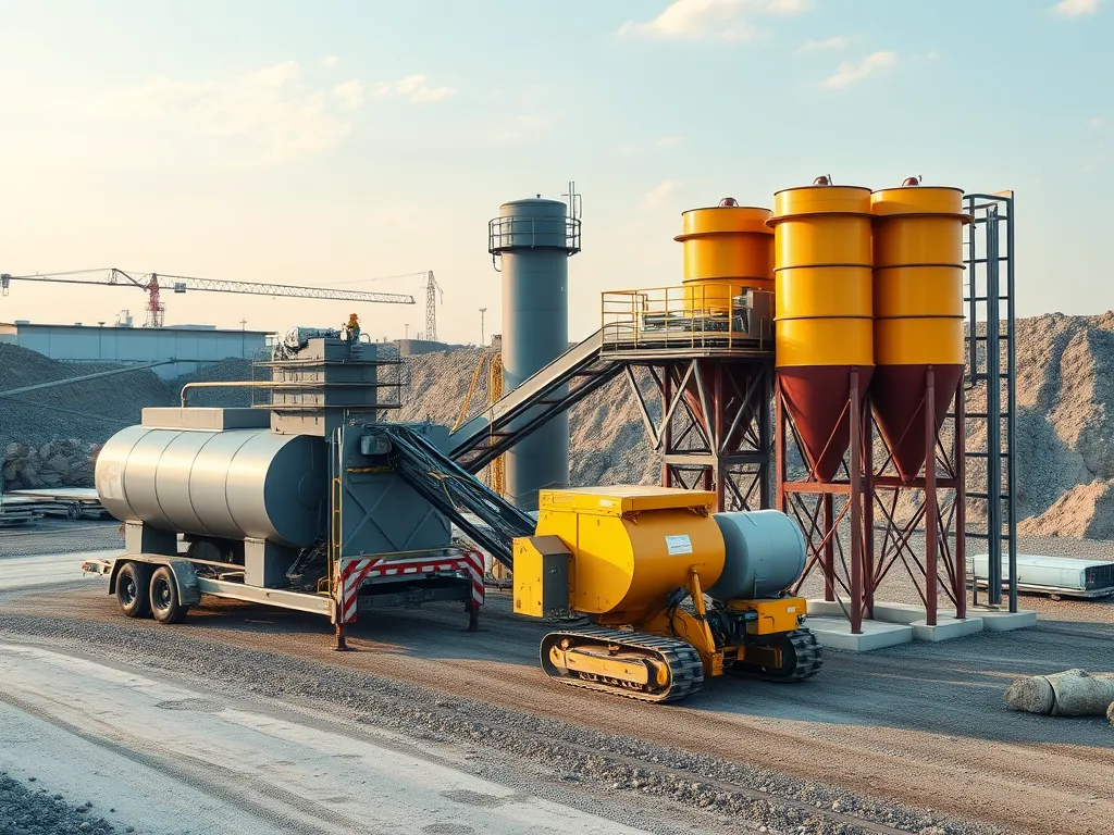 Hot Mix Asphalt Plant equipment showing mixer and silos for asphalt production.