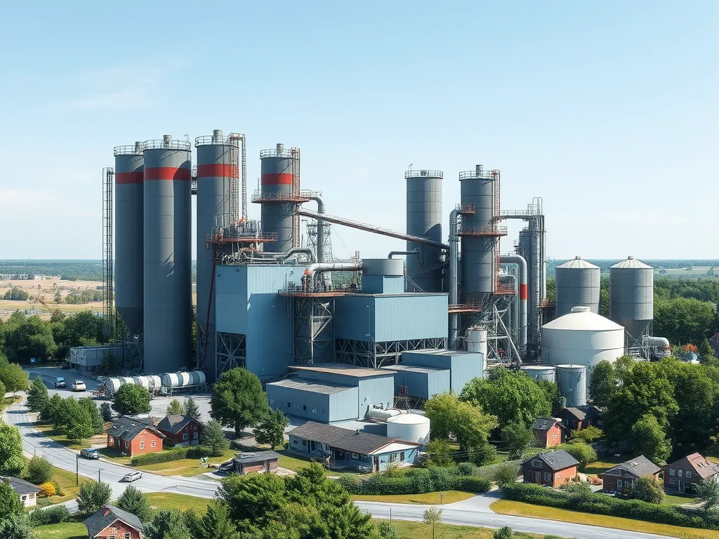 A modern hot mix asphalt plant with silos and production equipment surrounded by green landscape.