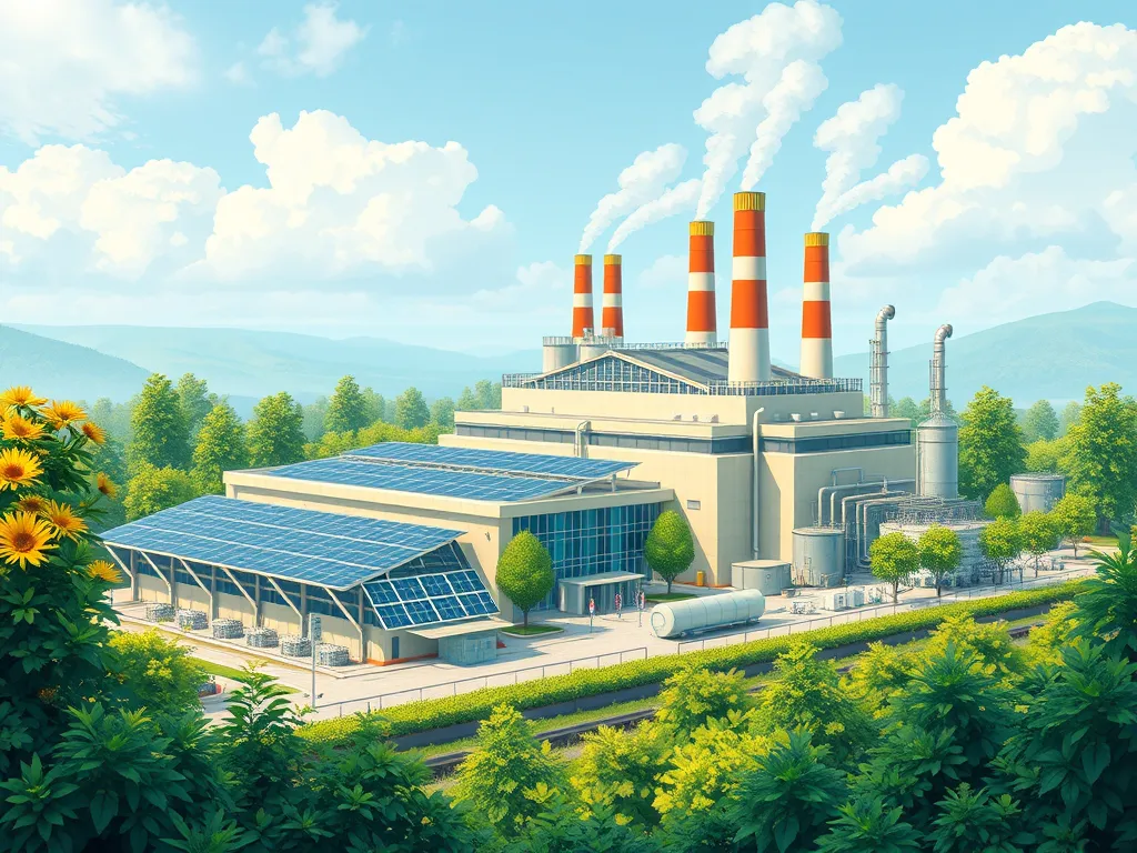 A modern Hot Mix Asphalt Plant with smoke stacks and solar panels