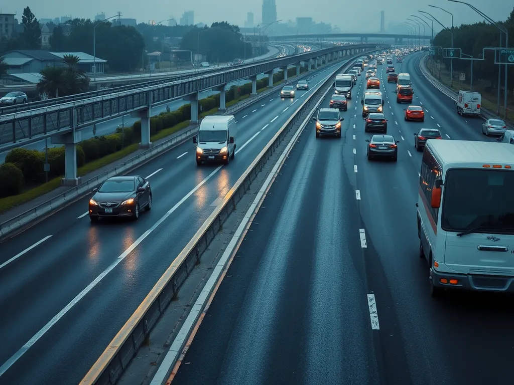 Traffic flow on a highway with hot mix asphalt surface affecting vehicle movement