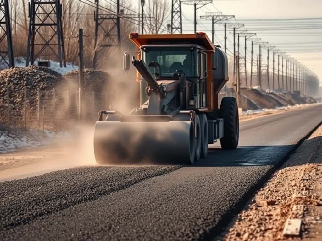 Heavy machinery applying hot mix patch on a road for repairs.