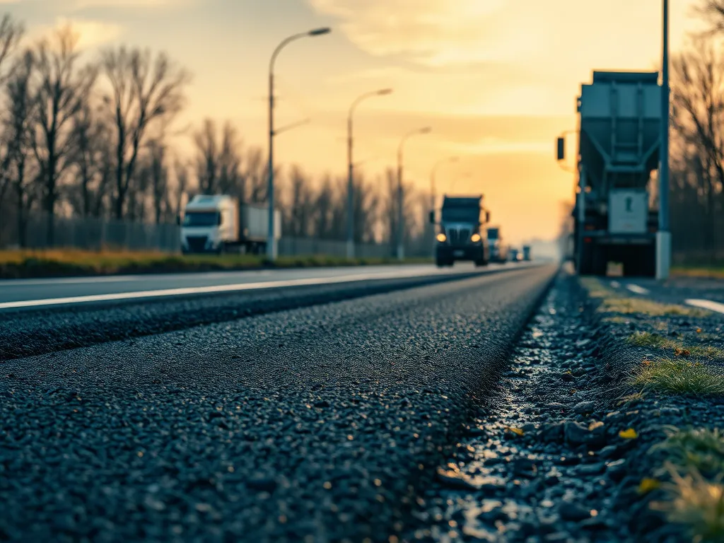 A newly paved road showing the application of hot mix patch for repairs.
