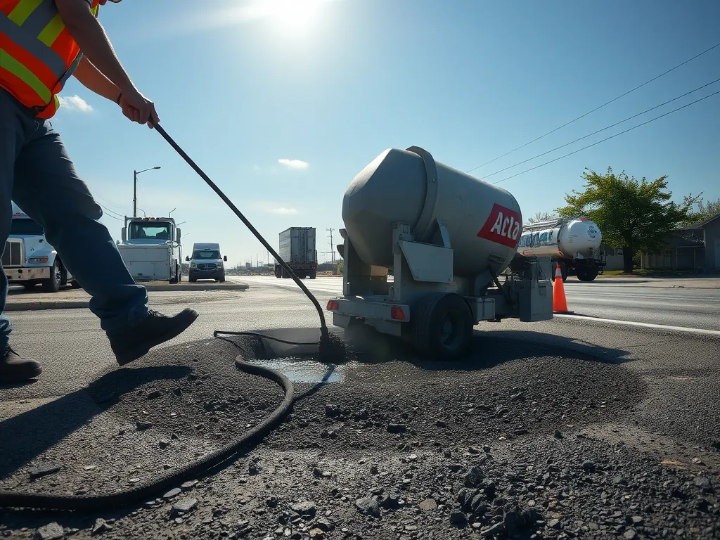 Worker applying hot mix patch on a road to repair potholes and surface damage.