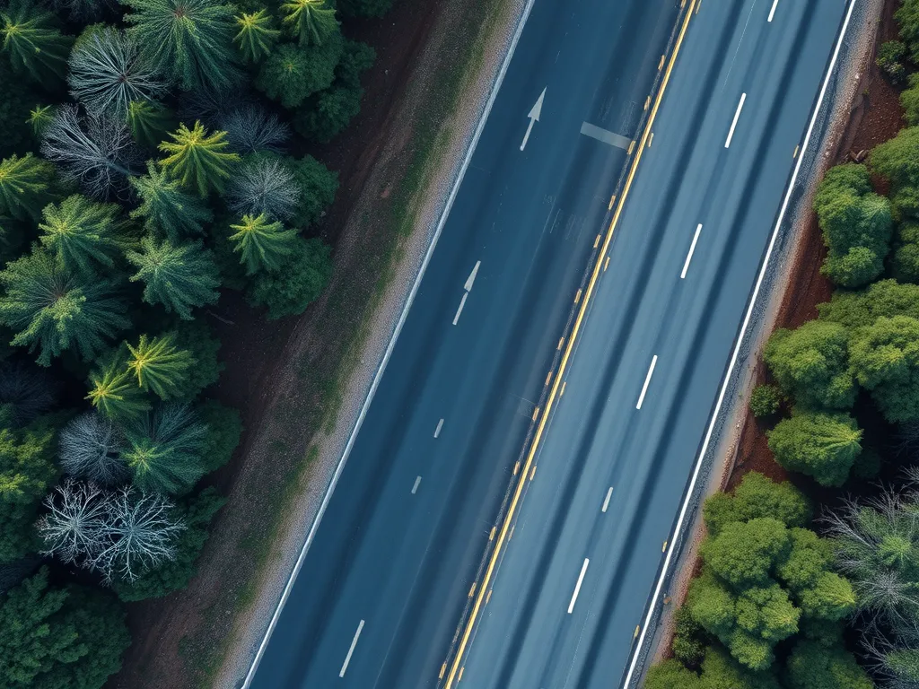 Aerial view of a well-maintained asphalt road surrounded by trees, illustrating the importance of sealing asphalt for longevity.