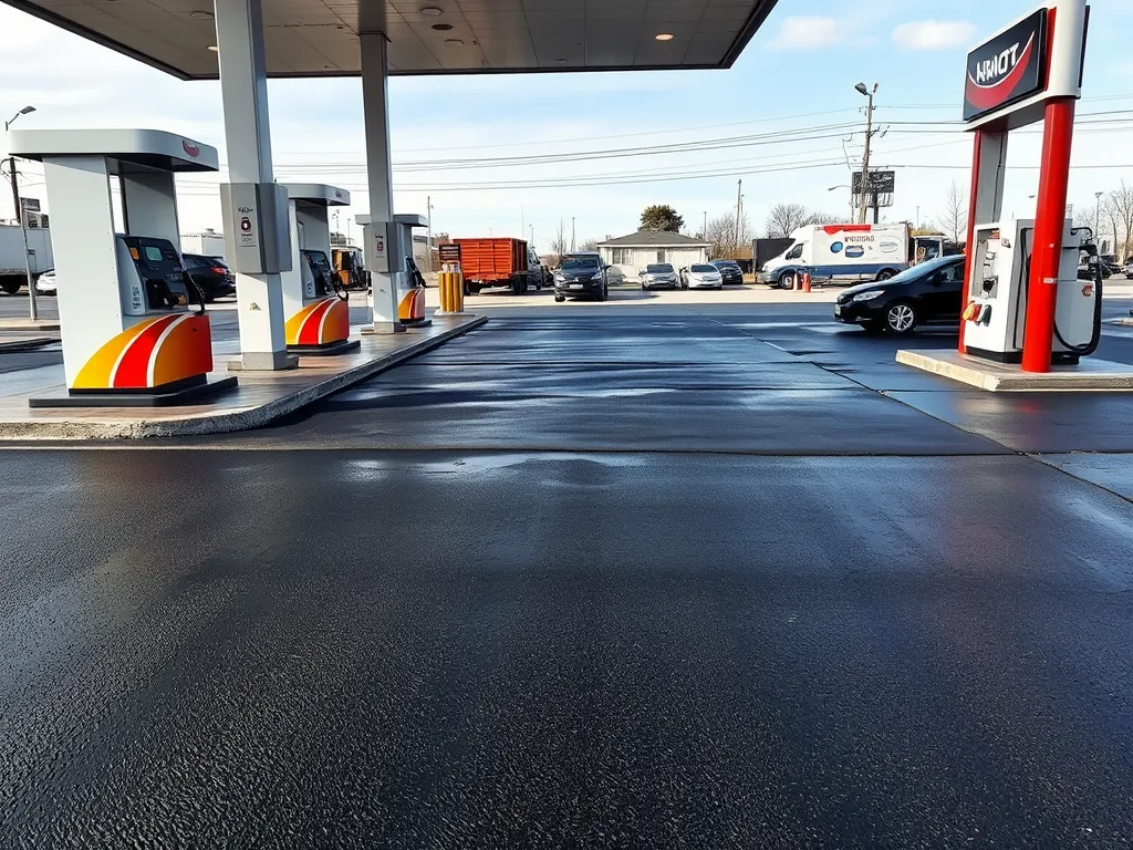 Freshly sealed asphalt pavement at a gas station to highlight how often to seal asphalt