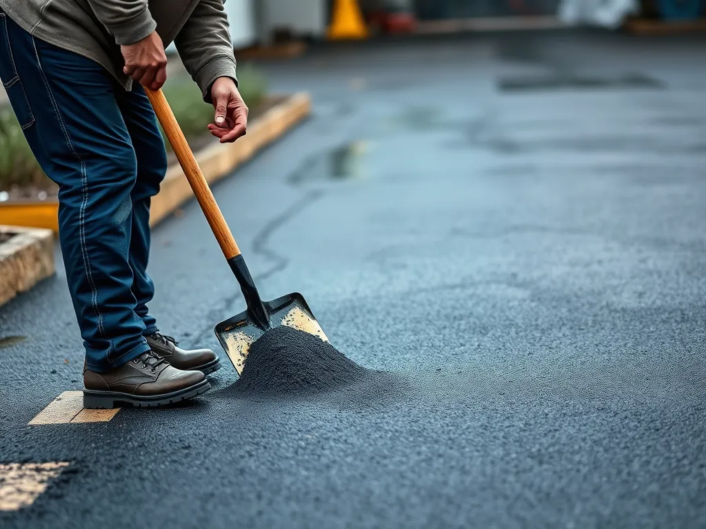 Beginner pouring asphalt with a shovel on a driveway