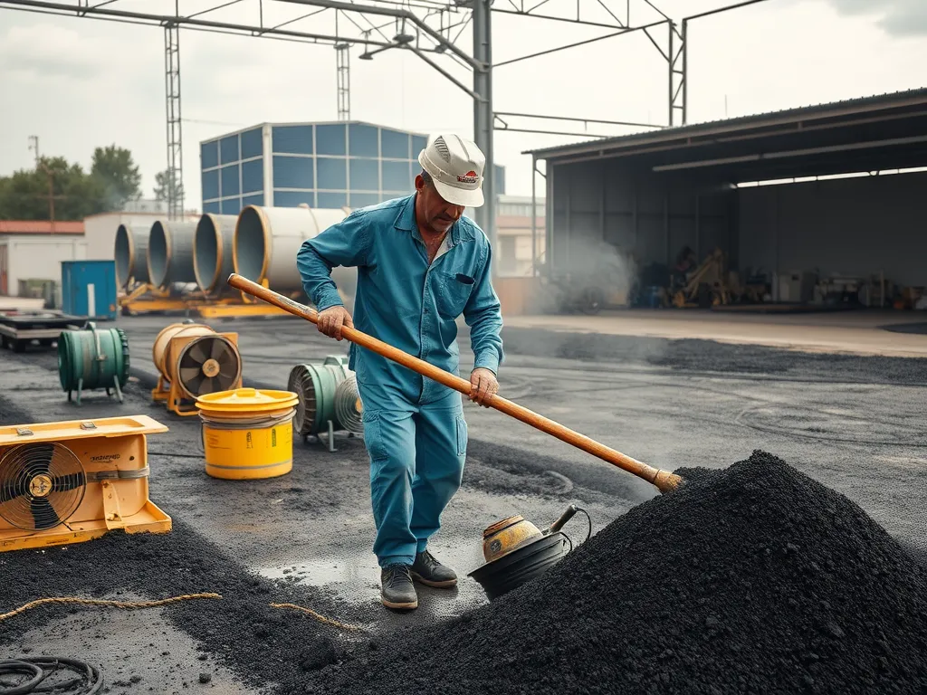 Worker preparing asphalt mixture in a construction site for beginners