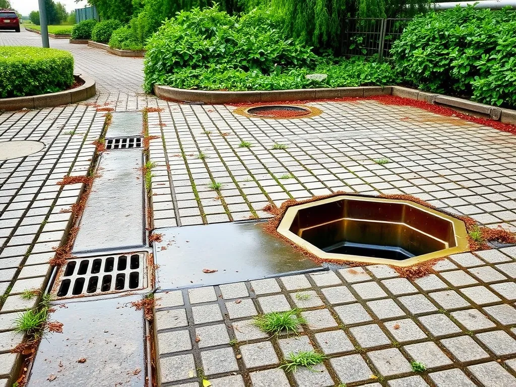 Close-up of asphalt with visible cracks and drains, demonstrating signs of pavement deterioration.
