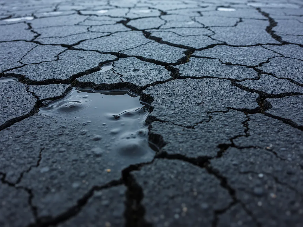 Close-up view of asphalt with visible cracks and water accumulation, highlighting the importance of identifying cracks in asphalt.