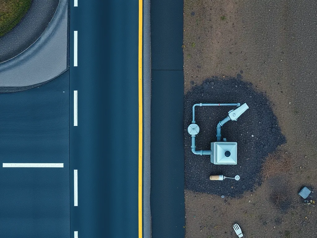 Aerial view of asphalt road adjacent to a groundwater monitoring station highlighting the effects of asphalt on groundwater quality.