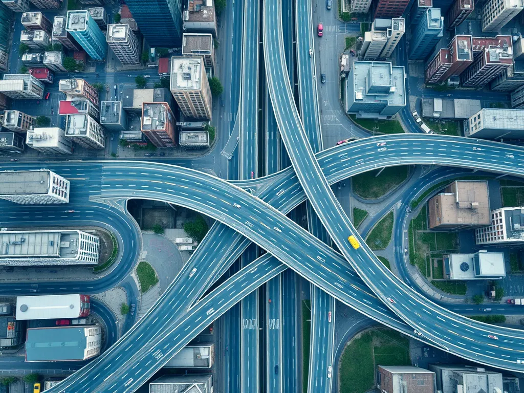 Aerial view of asphalt roads and highways illustrating the impact of asphalt on urban infrastructure.