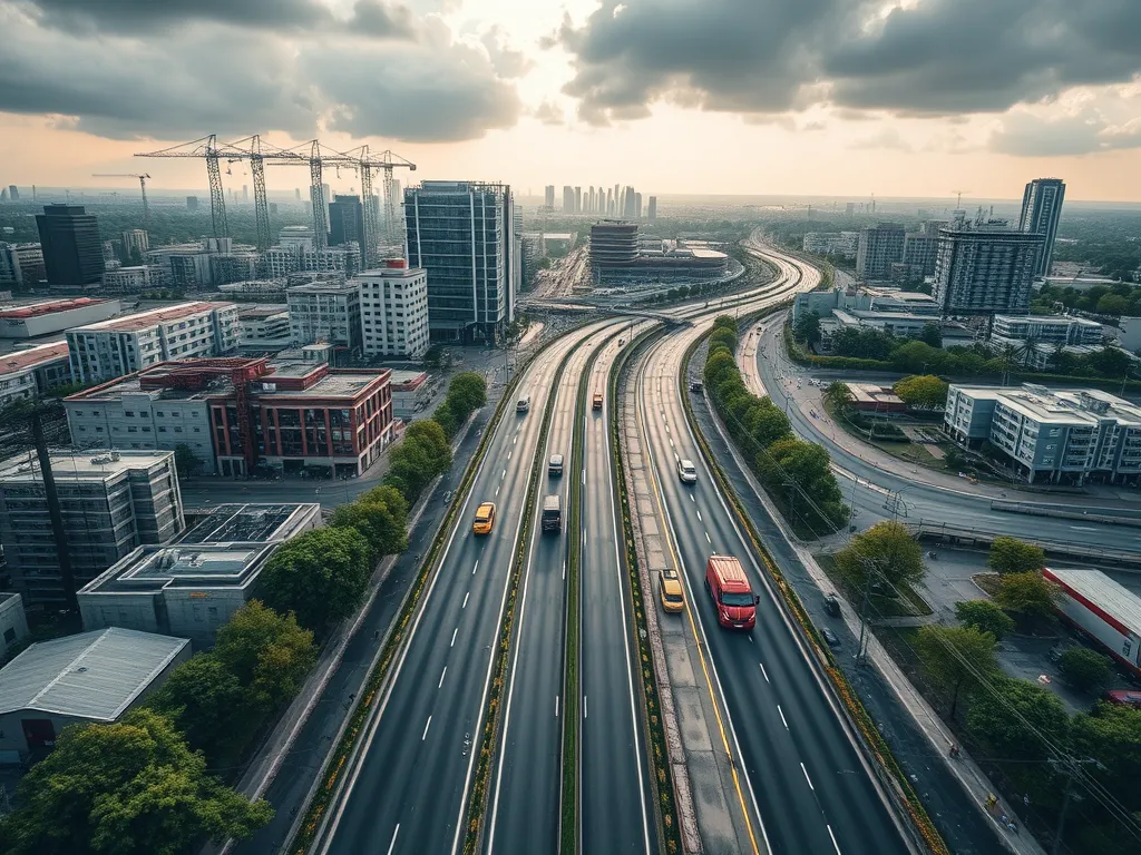 Aerial view of a busy urban highway showcasing the impact of asphalt on urban infrastructure.