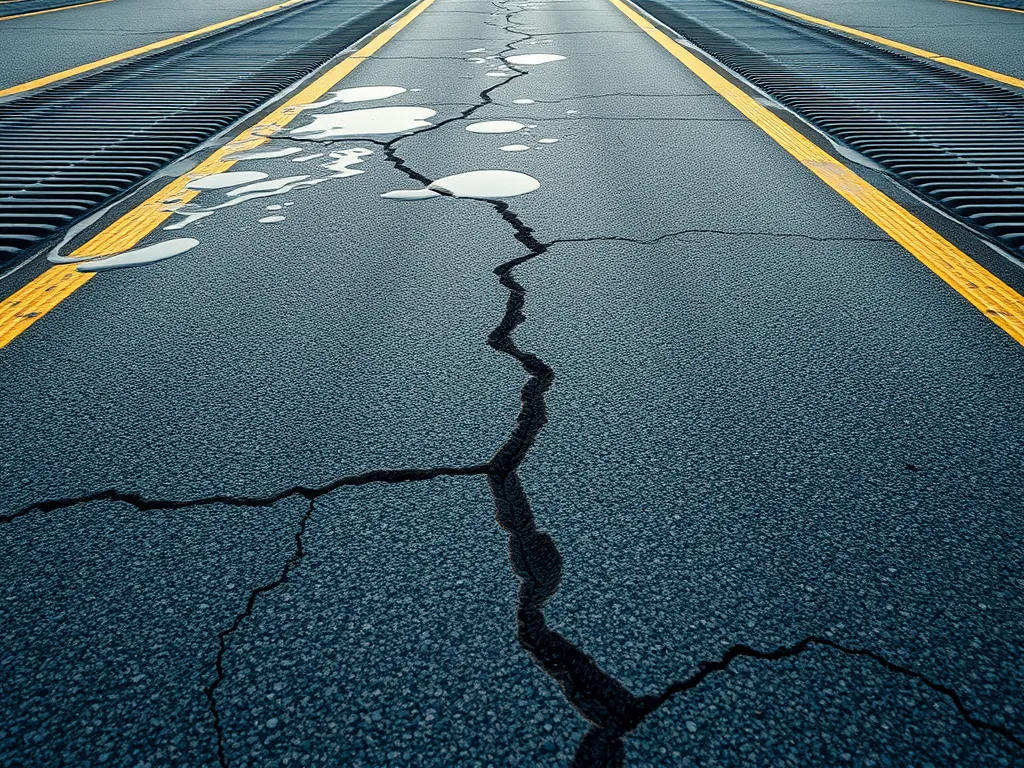 Cracked asphalt with standing water illustrating the importance of drainage in asphalt maintenance.