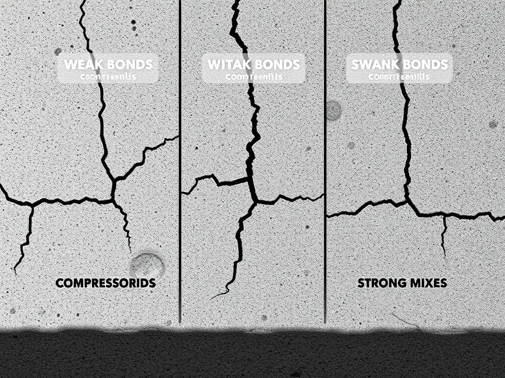 Comparative visual of weak, witak, and swank bonds in concrete illustrating indirect tensile strength test significance