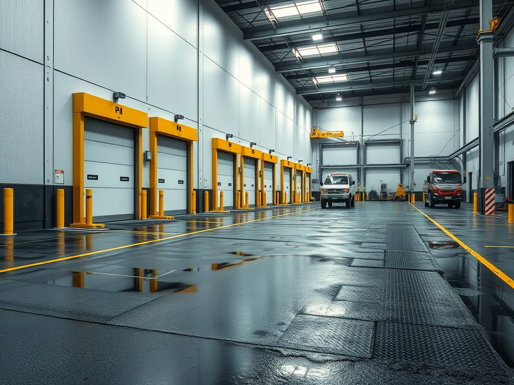 Wide shot of an industrial facility loading bay with optimized pavement solutions for heavy vehicles.