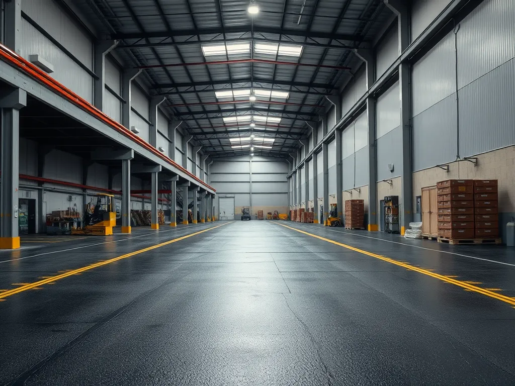 Spacious warehouse featuring industrial flooring asphalt for durability and safety