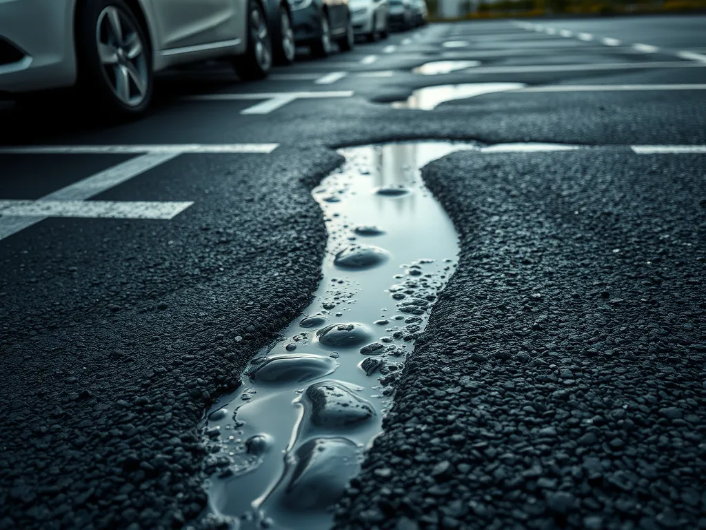 Pavement damage showing cracks and water accumulation in an industrial facility parking lot.
