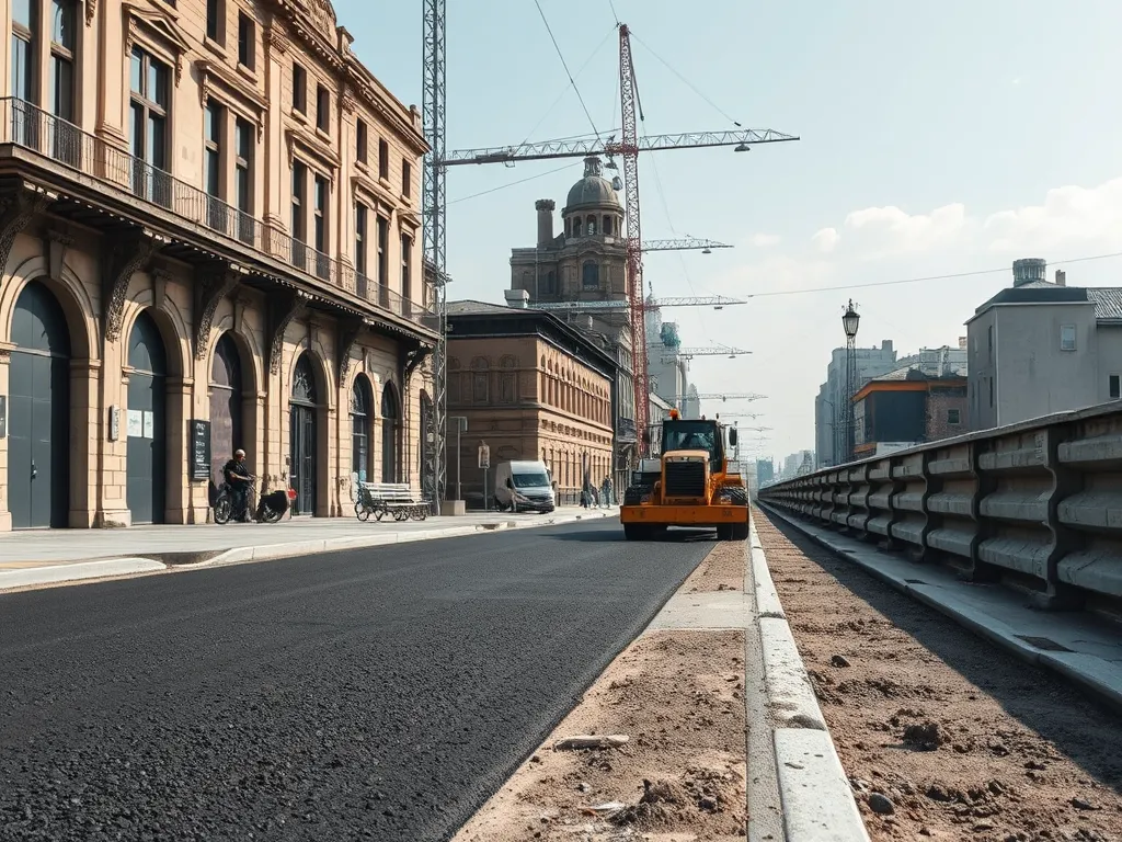Road construction machinery laying asphalt, showcasing advancements in production methods influenced by the Industrial Revolution.