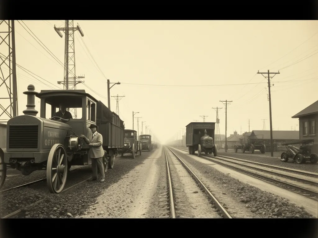 Historical photo showcasing early asphalt production vehicles during the Industrial Revolution.