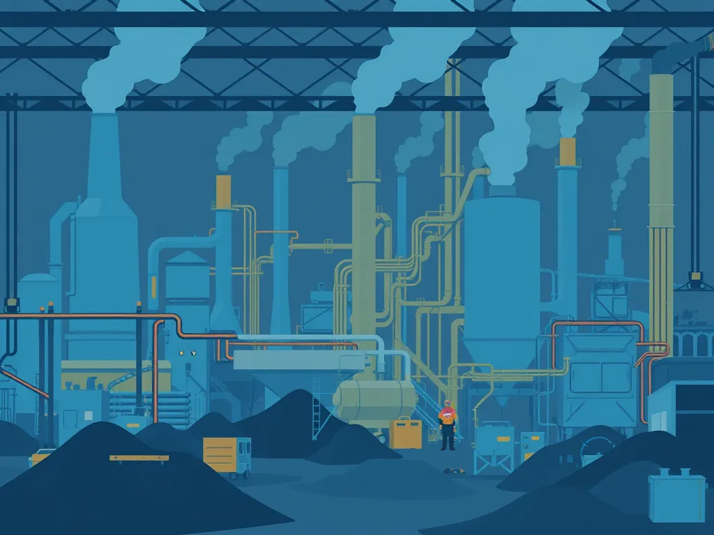 An industrial facility showcasing the processes involved in asphalt production during the Industrial Revolution.