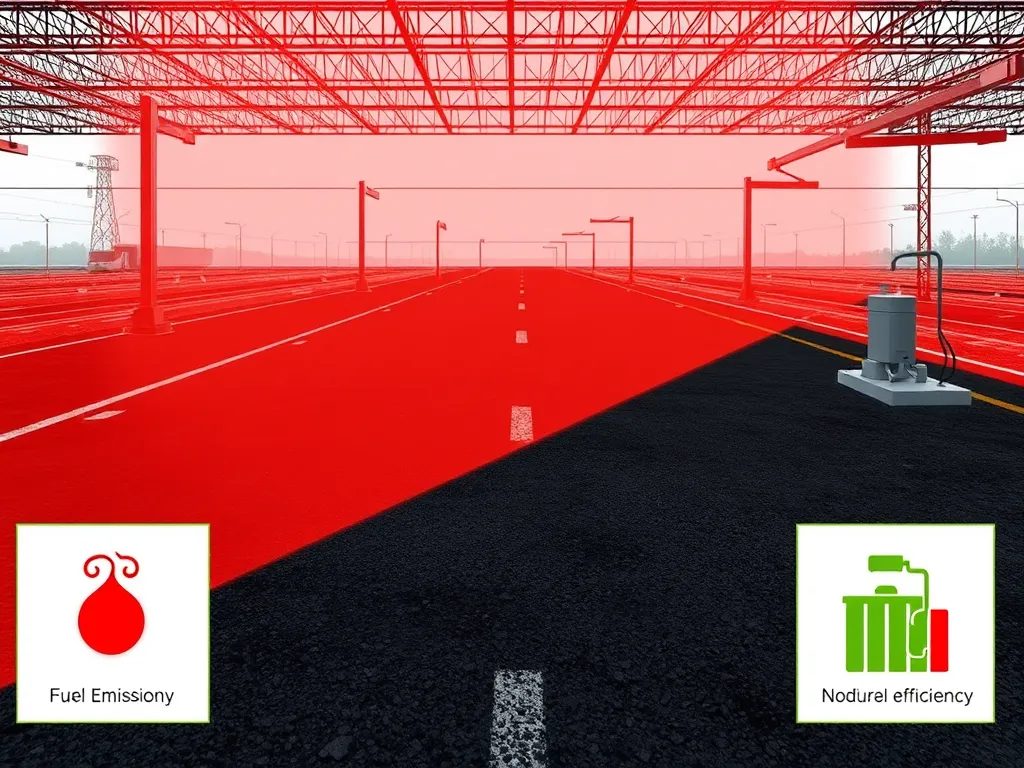 Infrared heating technology applied to asphalt, showcasing fuel emission and nodular efficiency.
