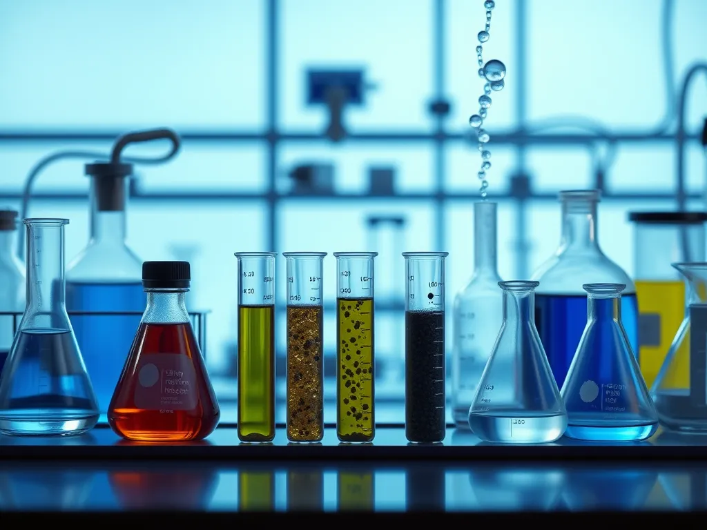 Laboratory glassware displaying various bitumen additive formulations