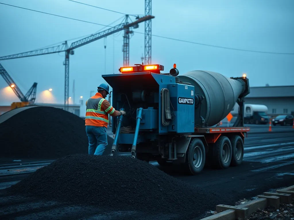 Worker operating a mixer truck for warm mix asphalt on a construction site