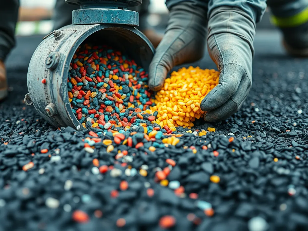 Worker handling colorful additives to enhance asphalt durability and lifespan.