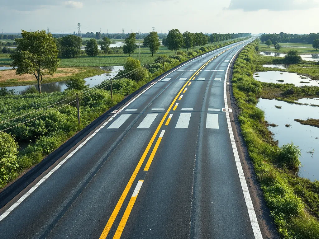 A scenic view of a road featuring innovative asphalt applications surrounded by greenery.