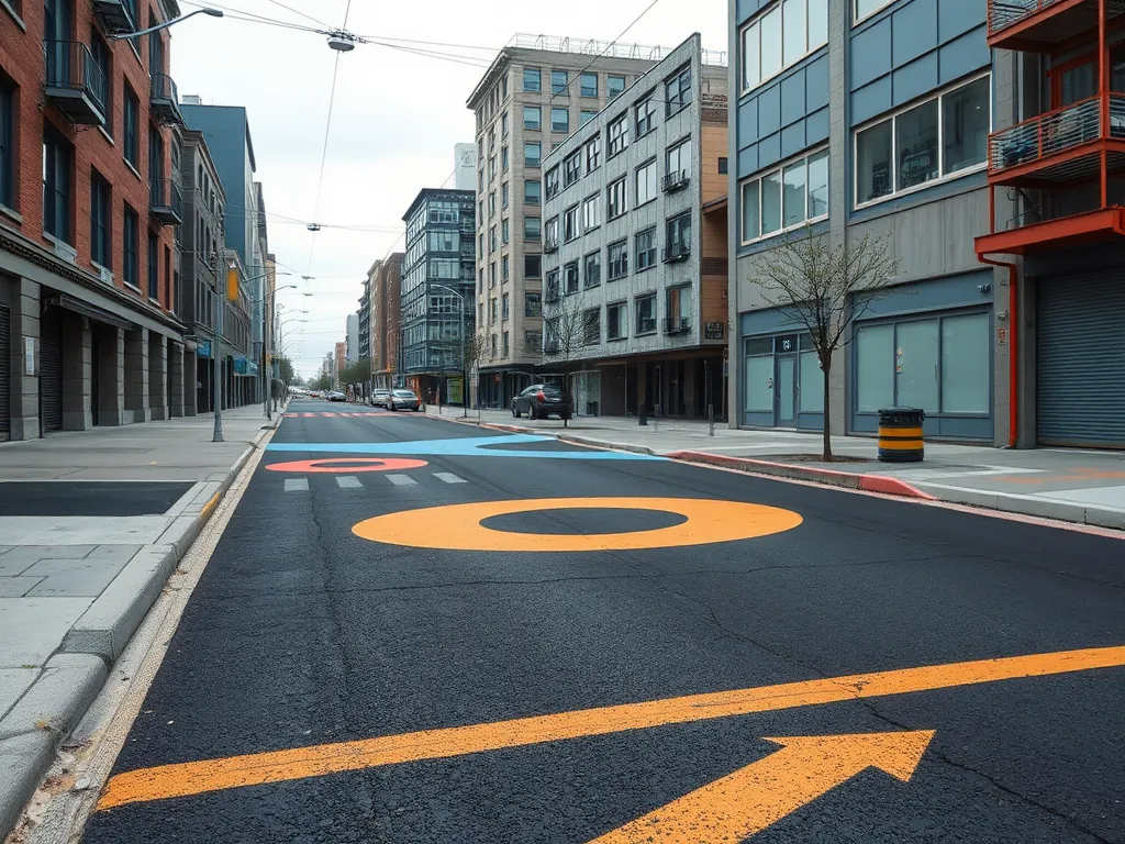 Colorful asphalt application with geometric patterns in urban street.