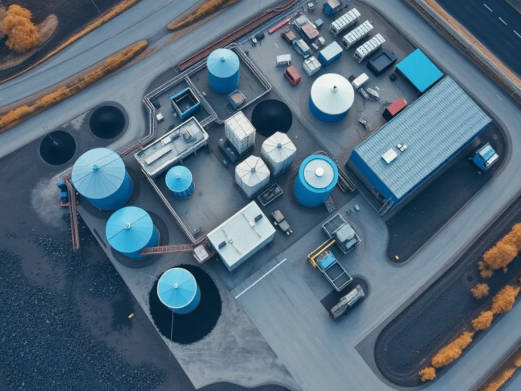 Aerial view of an innovative asphalt recycling facility featuring various storage tanks and processing units.