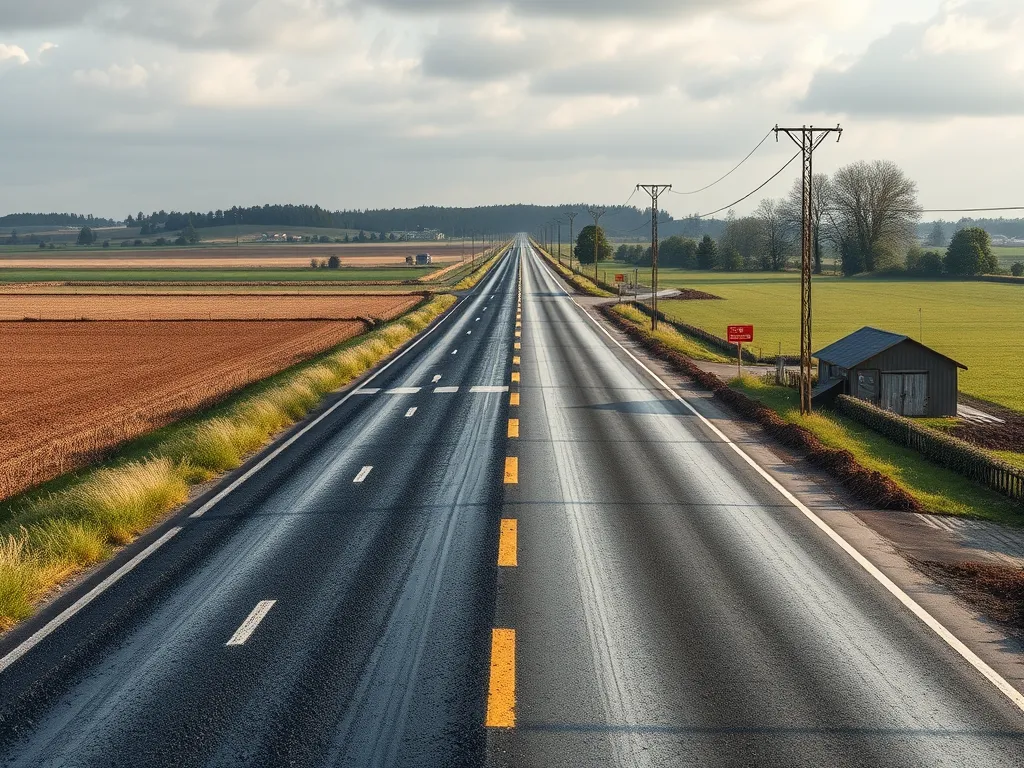 A long rural road showcasing innovative asphalt solutions for rural infrastructure.