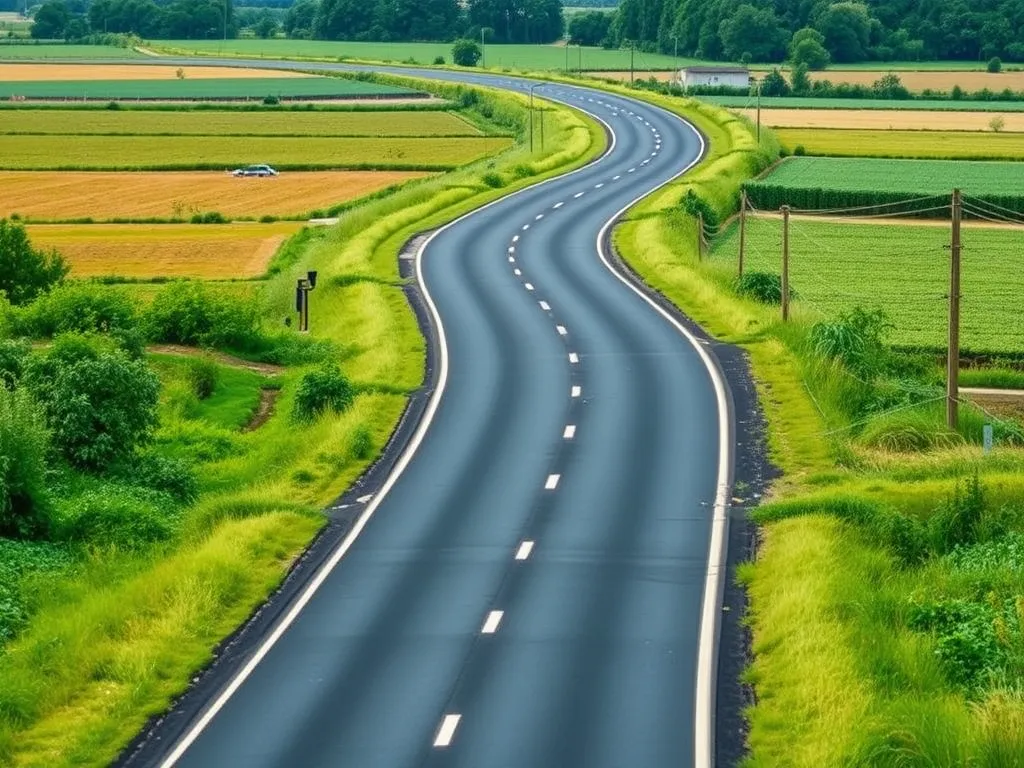 A winding rural road showcasing innovative asphalt solutions for improved durability and performance