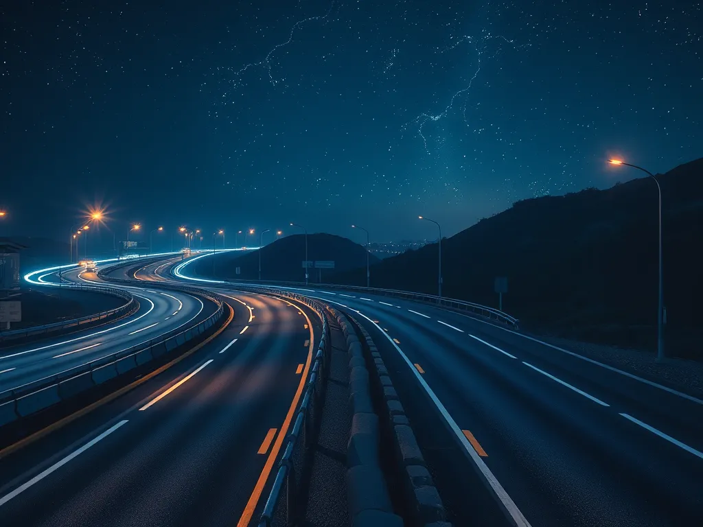 Night view of a smoothly paved highway showcasing innovations in asphalt technology for better durability and safety.