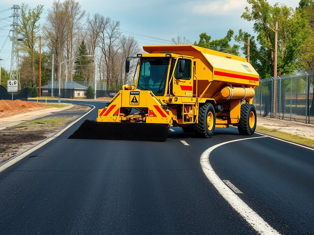 A modern asphalt truck applying asphalt on a road, showcasing innovative tools for asphalt projects.
