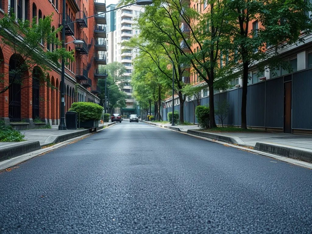 View of a residential urban street with newly paved asphalt, highlighting innovative uses of asphalt in city planning.