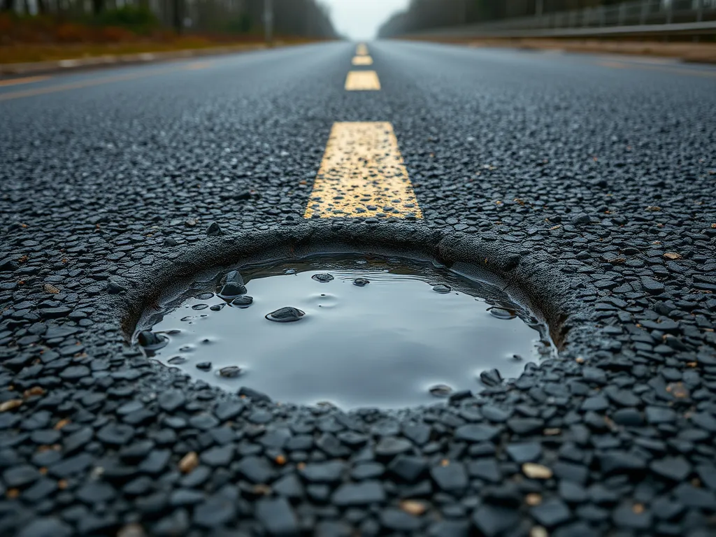 A close-up view of a road with a small puddle showcasing the durability of bitumen additives.