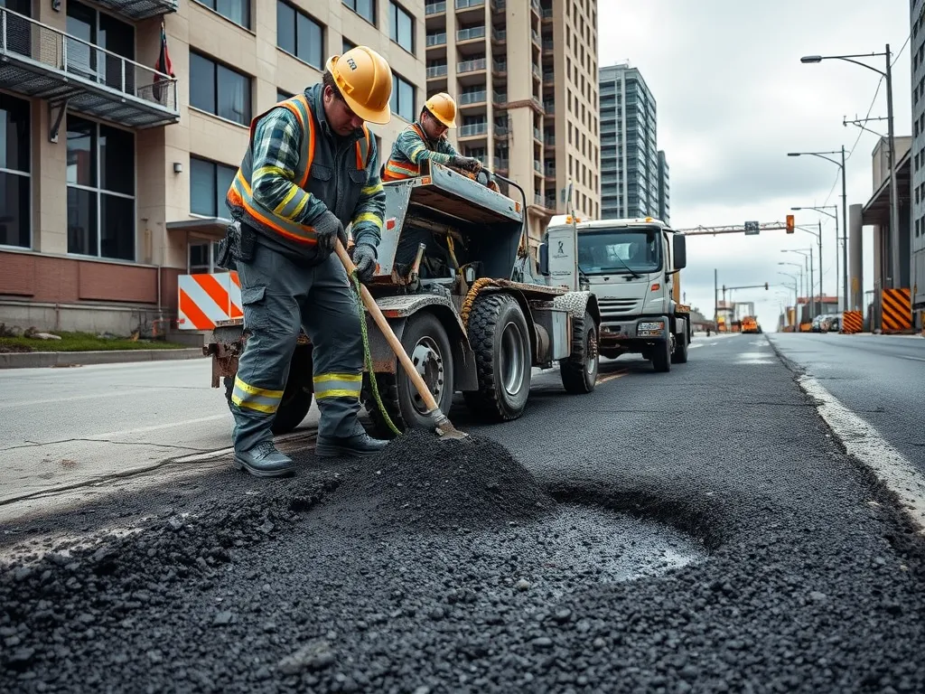 Workers using cold mix asphalt for urban road repairs and infrastructure enhancement