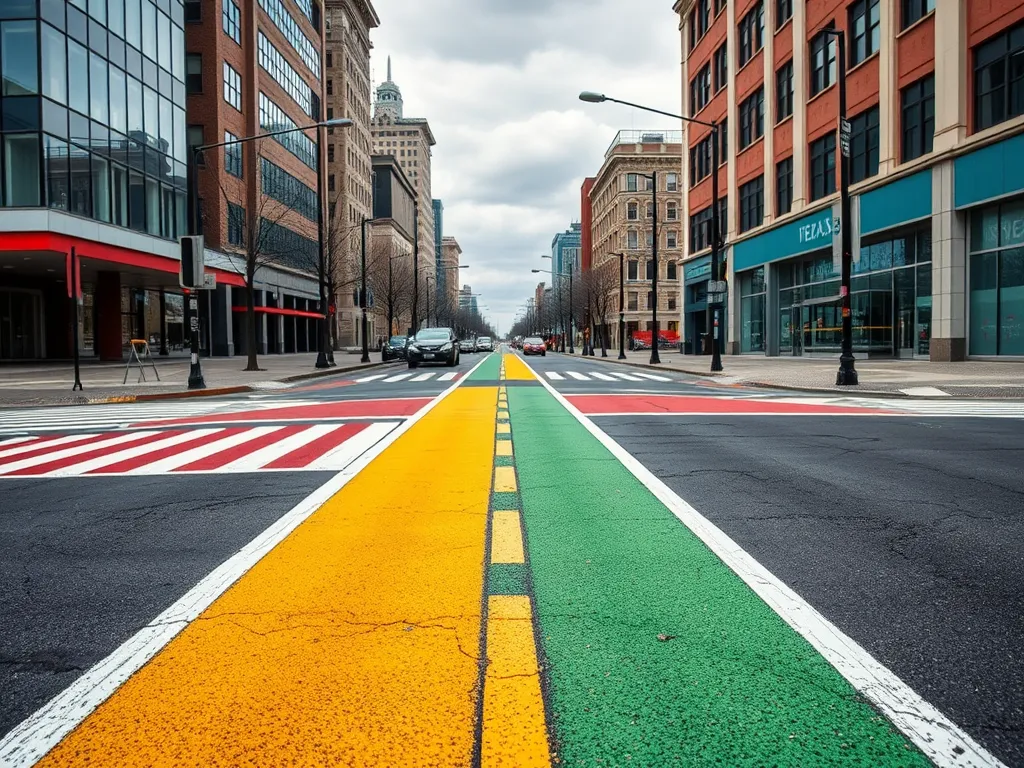 Colorful road markings using cold mix asphalt in an urban area.