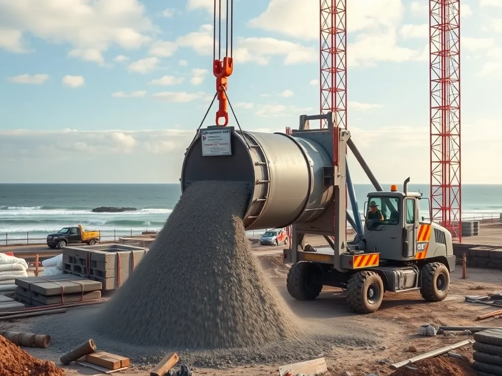 Heavy machinery pouring innovative concrete mix for enhanced durability on construction site.