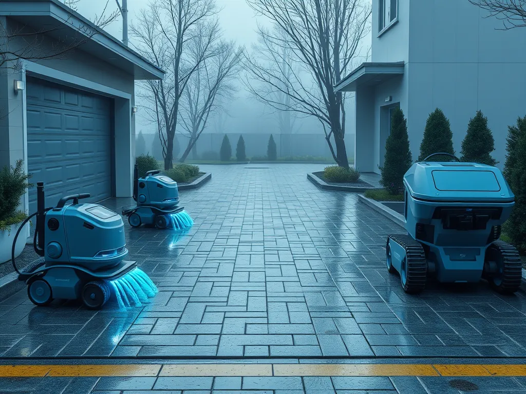 Automated cleaning machines on a modern driveway