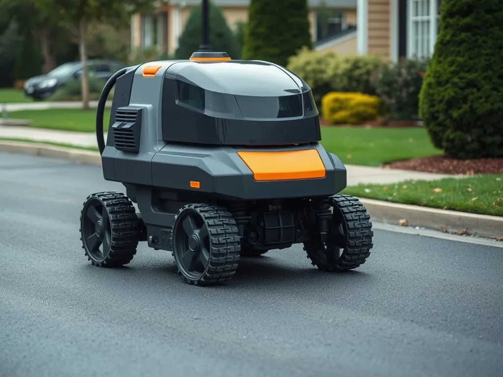 A modern driveway maintenance robot designed for efficient surface cleaning and maintenance.