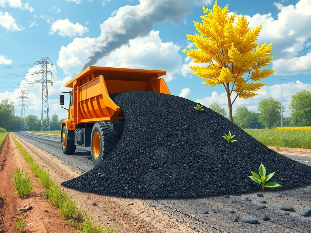 Truck delivering warm mix asphalt with green plants growing by the roadside